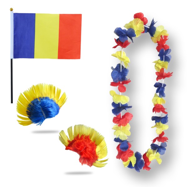 Fanset &quot;Rumänien&quot; Romania Blumenkette Fahne Flagge Perücke Irokese