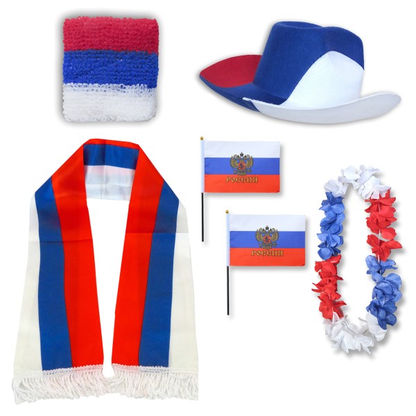 Fan-Paket &quot;Russland&quot; Russia WM EM Fußball Schal Hawaiikette Hut Schweissband Fahne Flagge