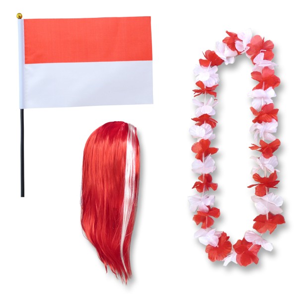 Fanset &quot;Indonesien&quot; Indonesia Blumenkette Fahne Flagge Perücke Langhaar