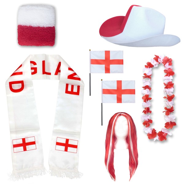 Fan-Paket &quot;England&quot; WM EM Fußball Schal Hawaiikette Hut Schweissband Fahne Perücke