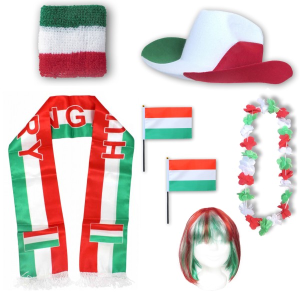 Fan-Paket &quot;Ungarn&quot; Hungary WM EM Fußball Schal Hawaiikette Hut Schweissband Fahne Perücke