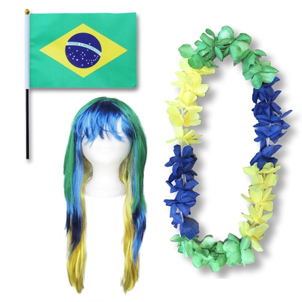 Fanset &quot;Brasilien&quot; Brazil Brasil Blumenkette Fahne Flagge Perücke Langhaar