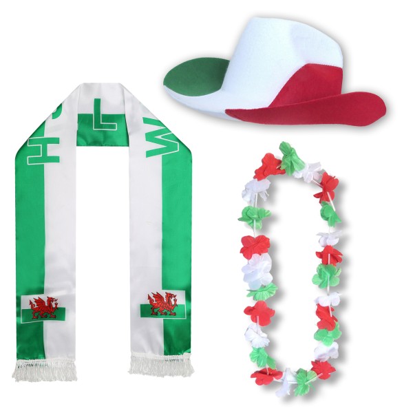 Fan-Paket &quot;Wales&quot; WM EM Fußball Schal Hawaiikette Hut Fanartikel
