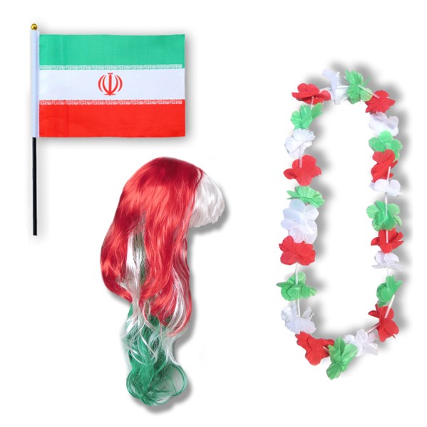 Fanset &quot;Iran&quot; Blumenkette Fahne Flagge Perücke Langhaar-Locken