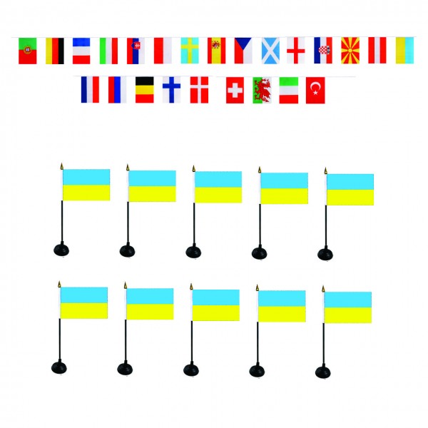 FANSET EM &quot;Ukraine&quot; Fußball Teilnehmer Girlande 10x Mini Handflaggen und Halter