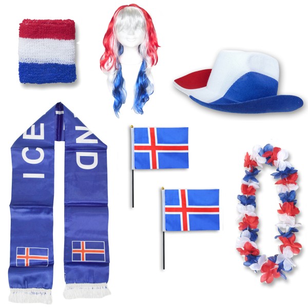 Fan-Paket &quot;Island&quot; Iceland WM EM Fußball Schal Hawaiikette Hut Schweissband Fahne Perücke