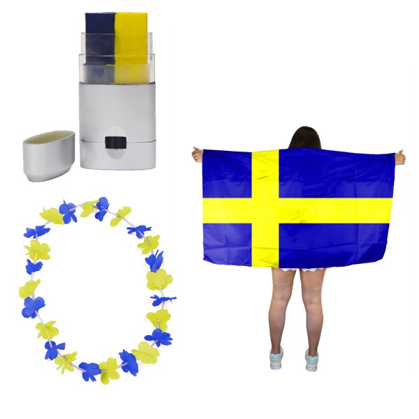 Fan-Paket EM &quot;Schweden&quot; Sweden Fanset Fußball Hawaiikette Schminkstift Poncho