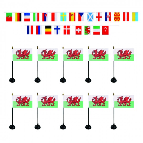 FANSET EM &quot;Wales&quot; Fußball Teilnehmer Girlande 10x Mini Handflaggen und Halter