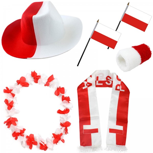 Fan-Paket &quot;Polen&quot; Poland Polska WM EM Fußball Schal Hawaiikette Hut Schweissband Fahne Flagge