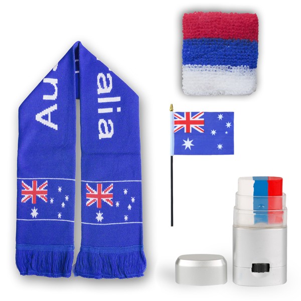 FAN PAKET EM &quot;Australien&quot; Australia Fußball Schal Schminke Schweißband Mini Flagge