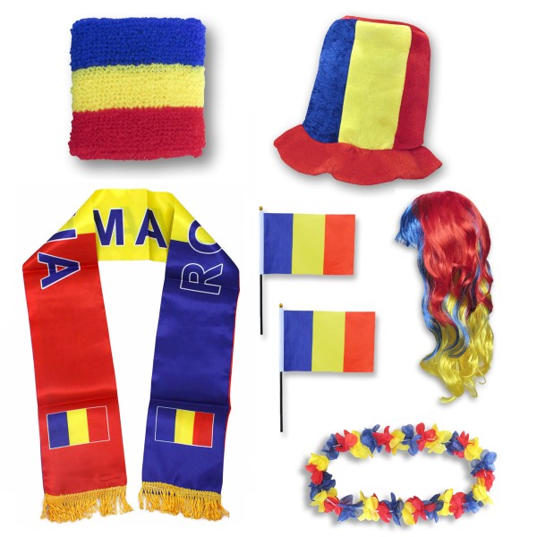 Fan-Paket &quot;Rumänien&quot; Romania WM EM Fußball Schal Hawaiikette Hut Schweissband Fahne Perücke