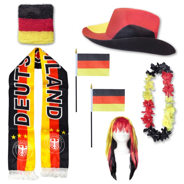 Fan-Paket &quot;Deutschland&quot; Germany WM EM Fußball Schal Hawaiikette Hut Schweissband Fahne Perücke