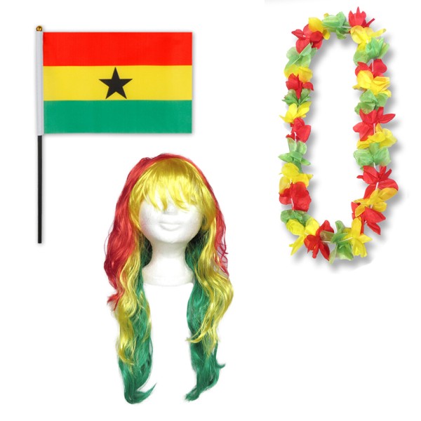 Fanset &quot;Ghana&quot; Blumenkette Fahne Flagge Perücke Langhaar-Locken