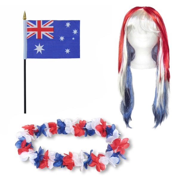 Fanset &quot;Australien&quot; Australia Blumenkette Fahne Flagge Perücke Langhaar