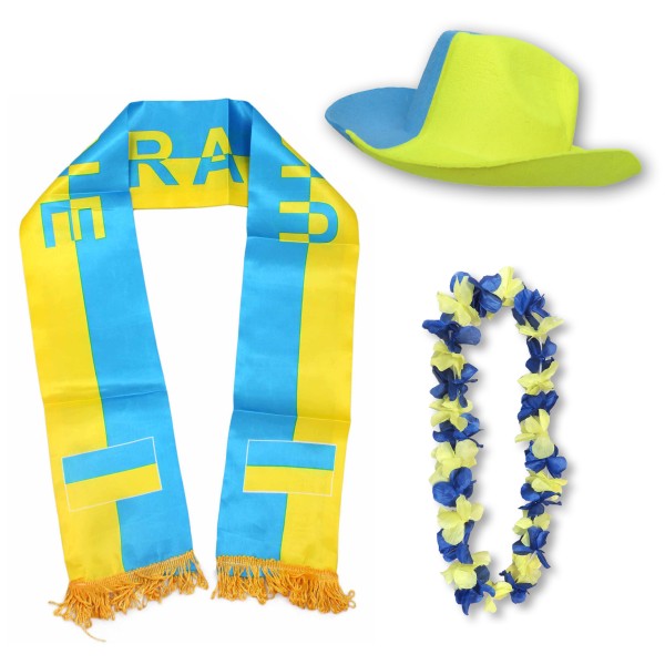 Fan-Paket &quot;Ukraine&quot; Ukrain WM EM Fußball Schal Hawaiikette Hut Fanartikel