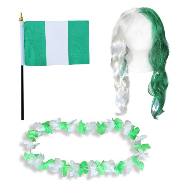Fanset &quot;Nigerien&quot; Nigeria Blumenkette Fahne Flagge Perücke Langhaar-Locken