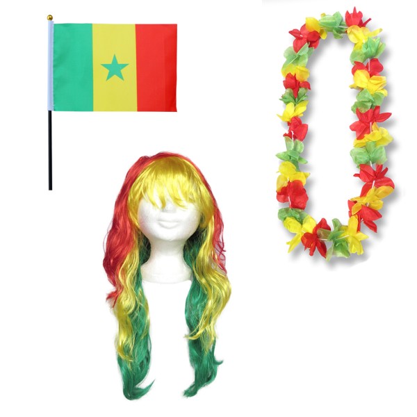 Fanset &quot;Senegal&quot; Blumenkette Fahne Flagge Perücke Langhaar-Locken