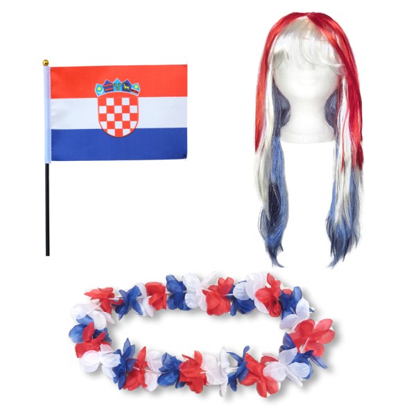 Fanset &quot;Kroatien&quot; Croatia Blumenkette Fahne Flagge Perücke Langhaar