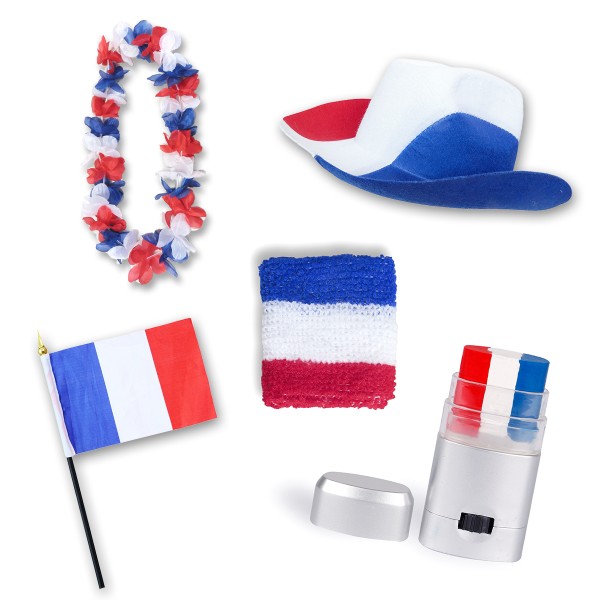 Fan-Paket EM &quot;Frankreich&quot; France Fußball Hut Kette Schminke Schweißband Flagge