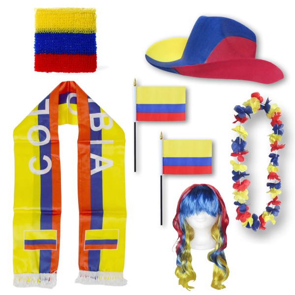 Fan-Paket &quot;Kolumbien&quot; Colombia WM EM Fußball Schal Hawaiikette Hut Schweissband Fahne Perücke