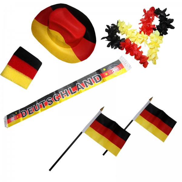 Fan-Paket &quot;Deutschland&quot; Germany WM EM Fußball Schal Hawaiikette Hut Schweissband Fahne Flagge