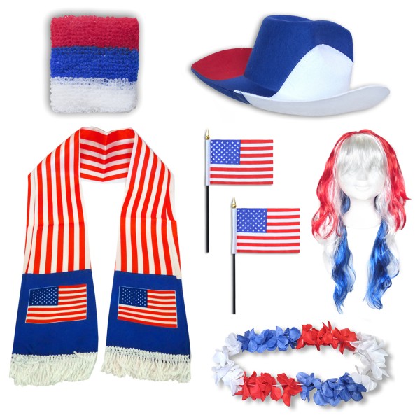 Fan-Paket &quot;USA&quot; Amerika America WM EM Fußball Schal Hawaiikette Hut Schweissband Fahne Perücke