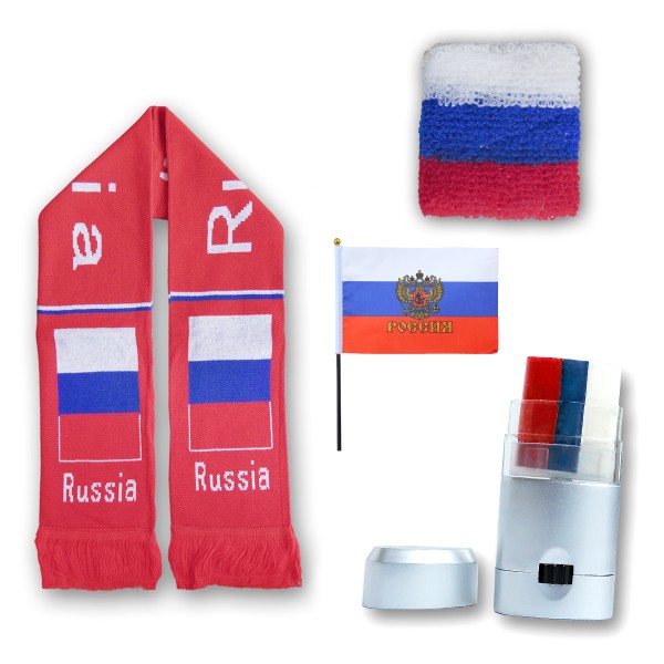 FAN PAKET EM &quot;Russland&quot; Russia Fußball Schal Schminke Schweißband Mini Flagge