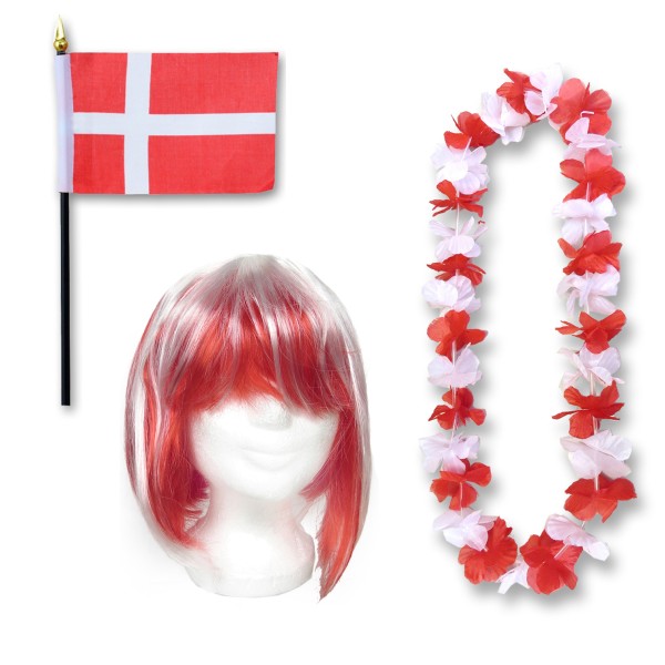 Fanset &quot;Dänemark&quot; Denmark Dansk Blumenkette Fahne Flagge Perücke Bob