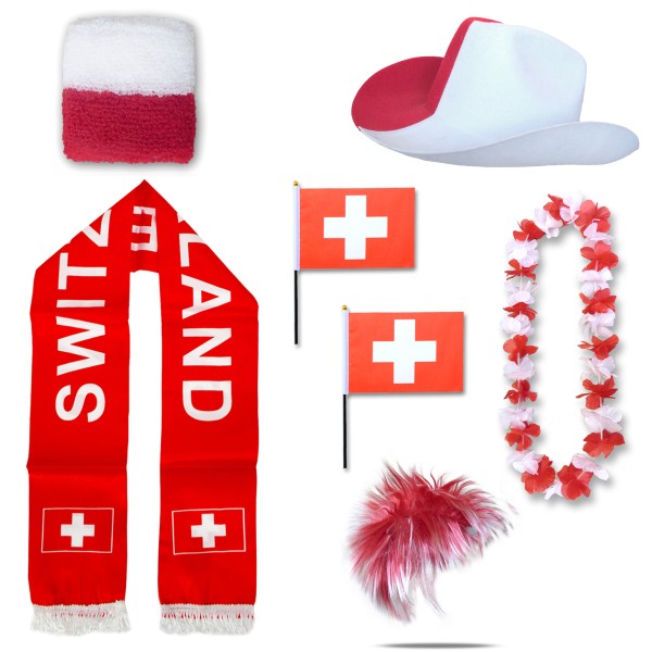 Fan-Paket &quot;Schweiz&quot; Switzerland WM EM Fußball Schal Hawaiikette Hut Schweissband Fahne Perücke