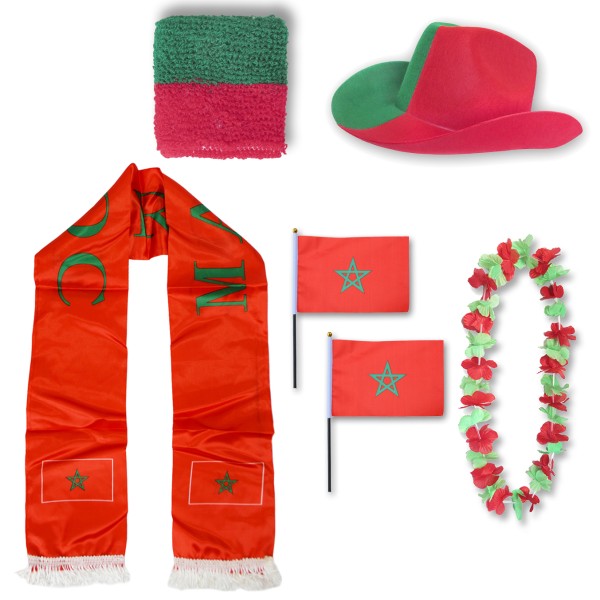 Fan-Paket &quot;Marokko&quot; Morocco WM EM Fußball Schal Hawaiikette Hut Schweissband Fahne Flagge