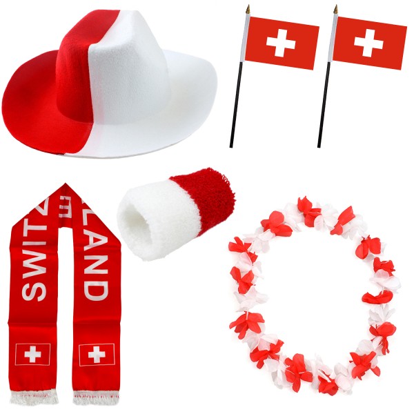 Fan-Paket &quot;Schweiz&quot; Switzerland WM EM Fußball Schal Hawaiikette Hut Schweissband Fahne Flagge