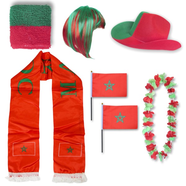 Fan-Paket &quot;Marokko&quot; Morocco WM EM Fußball Schal Hawaiikette Hut Schweissband Fahne Perücke