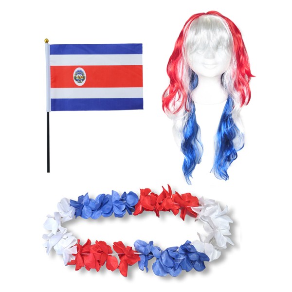 Fanset &quot;Costa Rica&quot; Blumenkette Fahne Flagge Perücke Langhaar-Locken