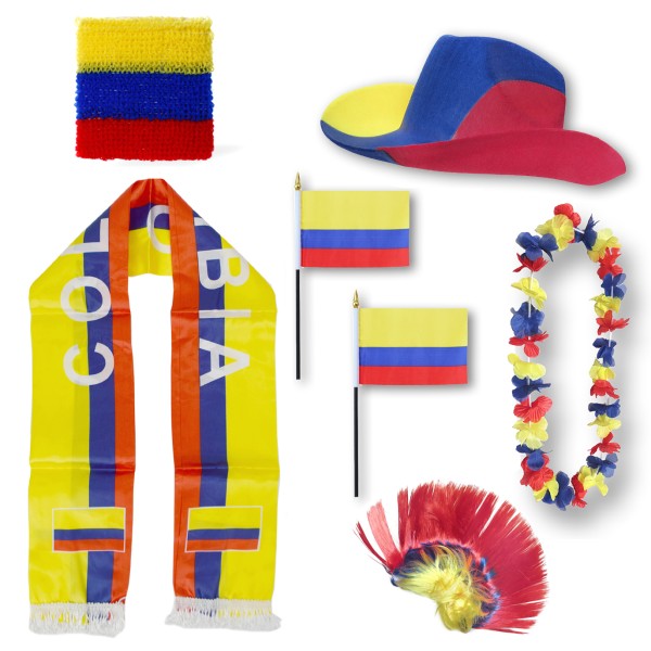 Fan-Paket &quot;Kolumbien&quot; Colombia WM EM Fußball Schal Hawaiikette Hut Schweissband Fahne Iro Perücke