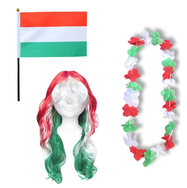 Fanset &quot;Ungarn&quot; Hungary Blumenkette Fahne Flagge Perücke Langhaar-Locken