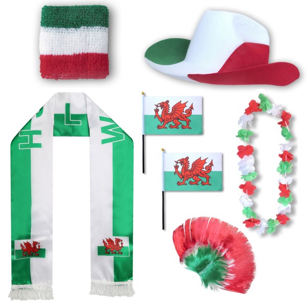 Fan-Paket &quot;Wales&quot; WM EM Fußball Schal Hawaiikette Hut Schweissband Fahne Perücke
