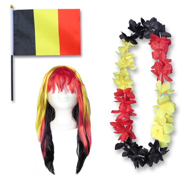 Fanset &quot;Belgien&quot; Belgium Blumenkette Fahne Flagge Perücke Langhaar