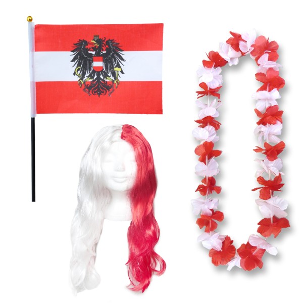 Fanset &quot;Österreich&quot; Austria Blumenkette Fahne Flagge Perücke Langhaar-Locken