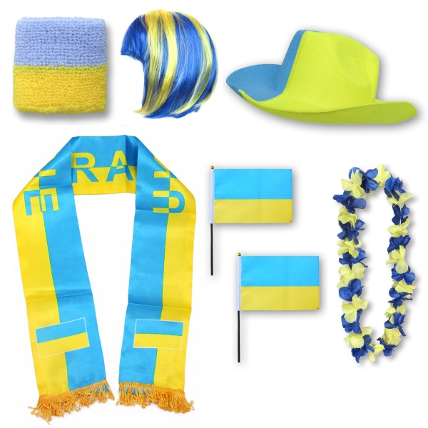 Fan-Paket &quot;Ukraine&quot; WM EM Fußball Schal Hawaiikette Hut Schweissband Fahne Perücke
