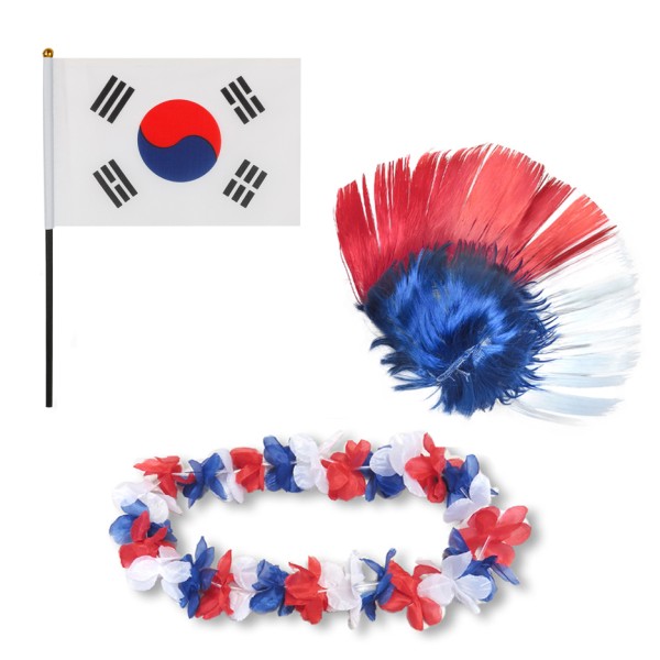 Fanset &quot;Südkorea&quot; South Korea Blumenkette Fahne Flagge Perücke Irokese