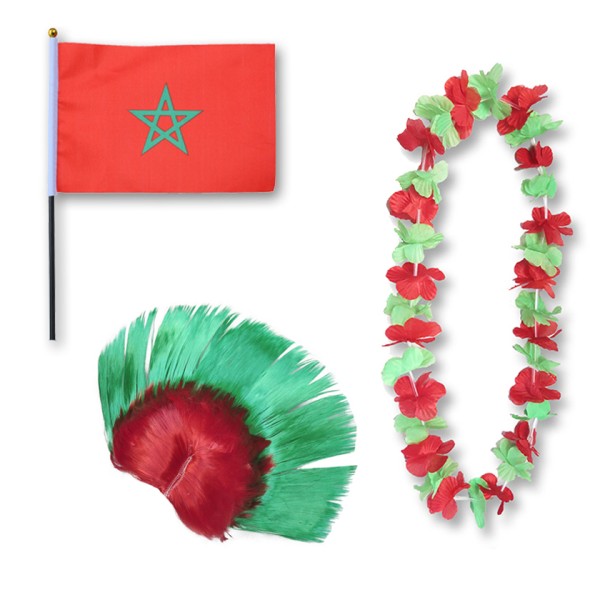 Fanset &quot;Marokko&quot; Morocco Blumenkette Fahne Flagge Perücke Irokese