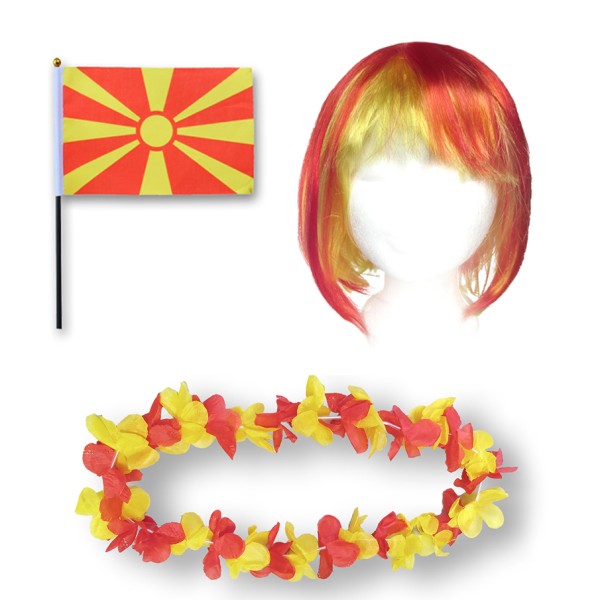 Fanset &quot;Nordmazedonien&quot; North Macedonia Blumenkette Fahne Flagge Perücke Bob