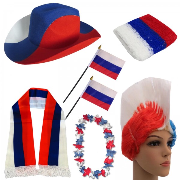 Fan-Paket &quot;Russland&quot; Russia WM EM Fußball Schal Hawaiikette Hut Schweissband Fahne Perücke