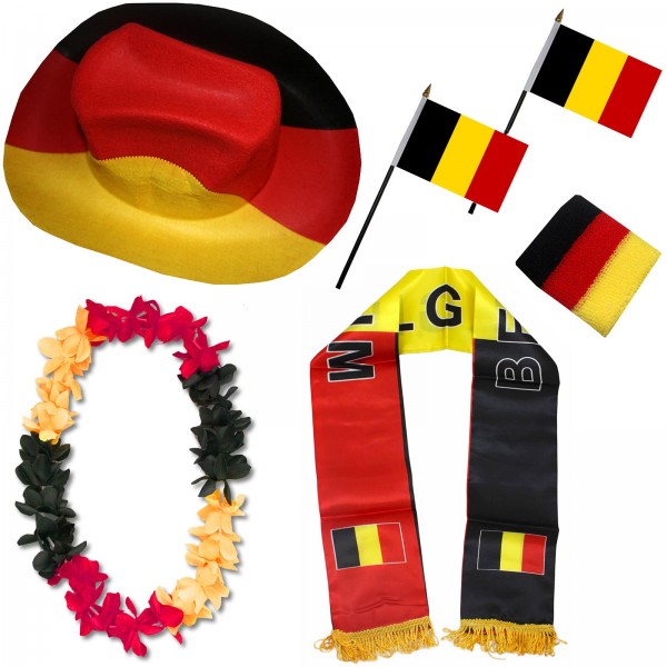 Fan-Paket &quot;Belgien&quot; Belgium WM EM Fußball Schal Hawaiikette Hut Schweissband Fahne Flagge