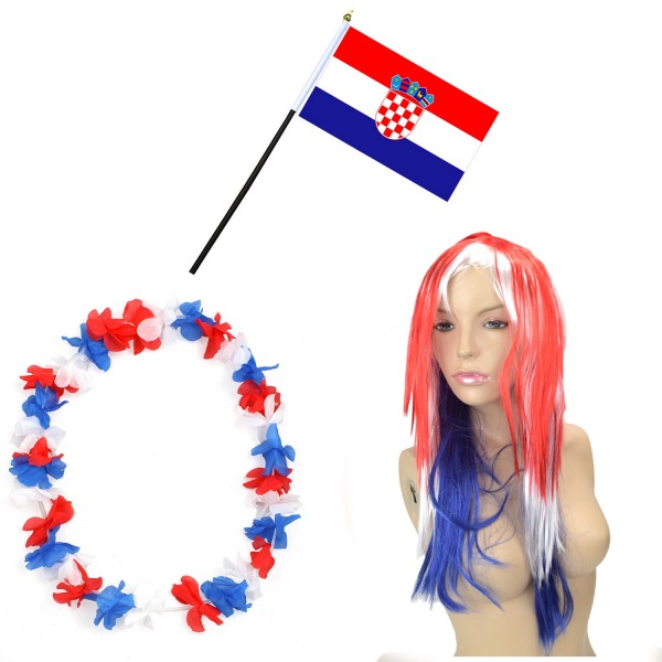 Fanset &quot;Kroatien&quot; Croatia Blumenkette Fahne Flagge Perücke Langhaar