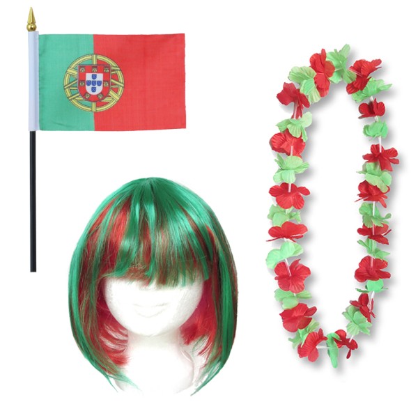 Fanset &quot;Portugal&quot; Blumenkette Fahne Flagge Perücke Bob