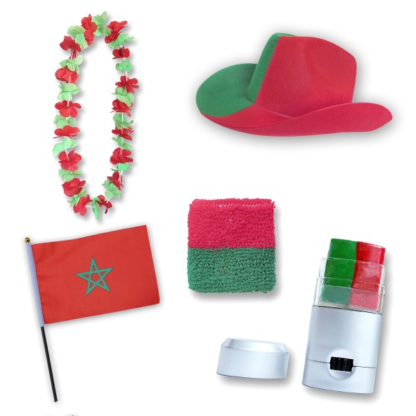 Fan-Paket EM &quot;Marokko&quot; Morocco Fußball Hut Kette Schminke Schweißband Flagge