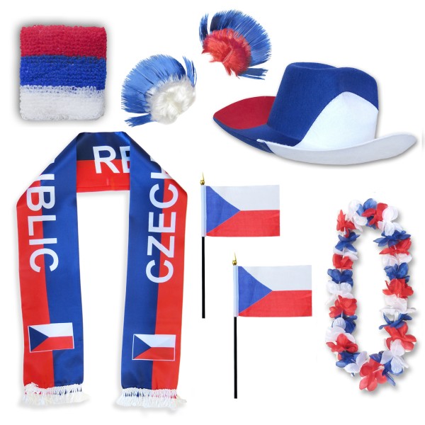 Fan-Paket &quot;Tschechien&quot; Czech Republic WM EM Fußball Schal Hawaiikette Hut Schweissband Fahne Perücke