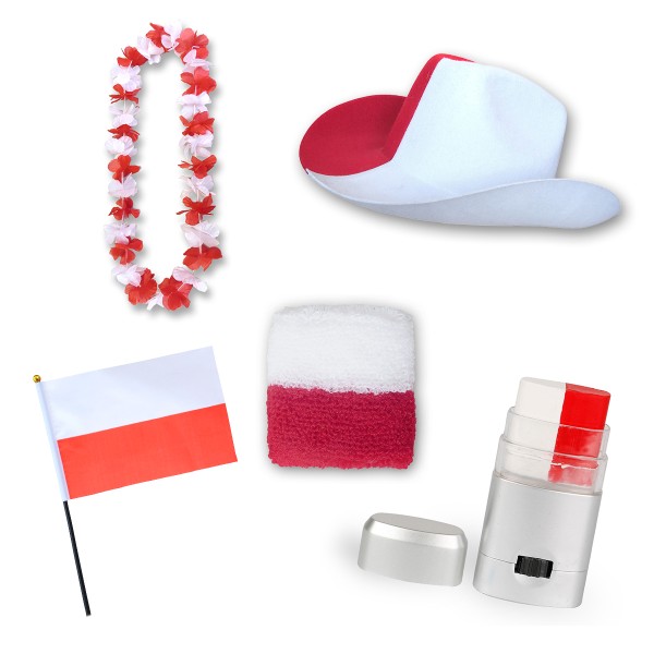 Fan-Paket EM &quot;Polen&quot; Polska Poland Fußball Hut Kette Schminke Schweißband Flagge