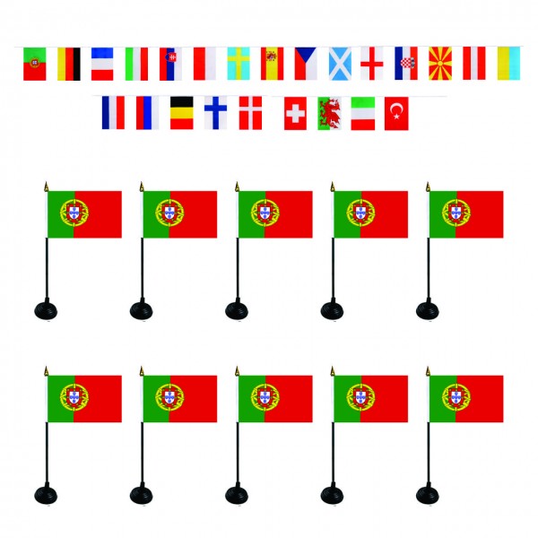 FANSET EM &quot;Portugal&quot; Fußball Teilnehmer Girlande 10x Mini Handflaggen und Halter